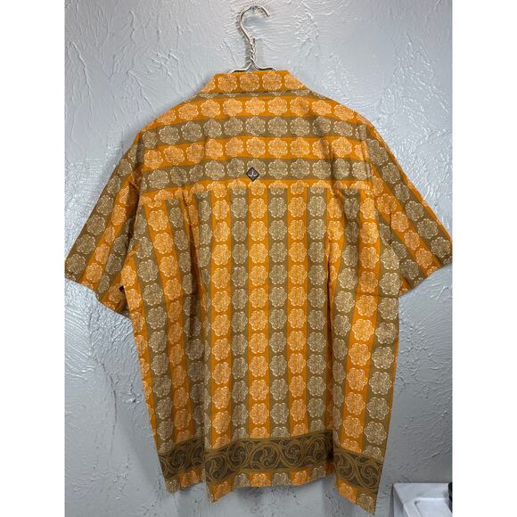 Prana Shirt Mens Orange Brown Hawaiian Geometric Summer Short Sleeve Size Medium - Picture 2 of 5